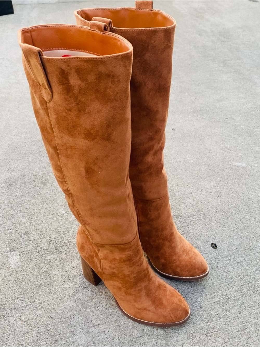[B] Cognac Suede Slouchy Knee High Chunky Heel Boot Size 7